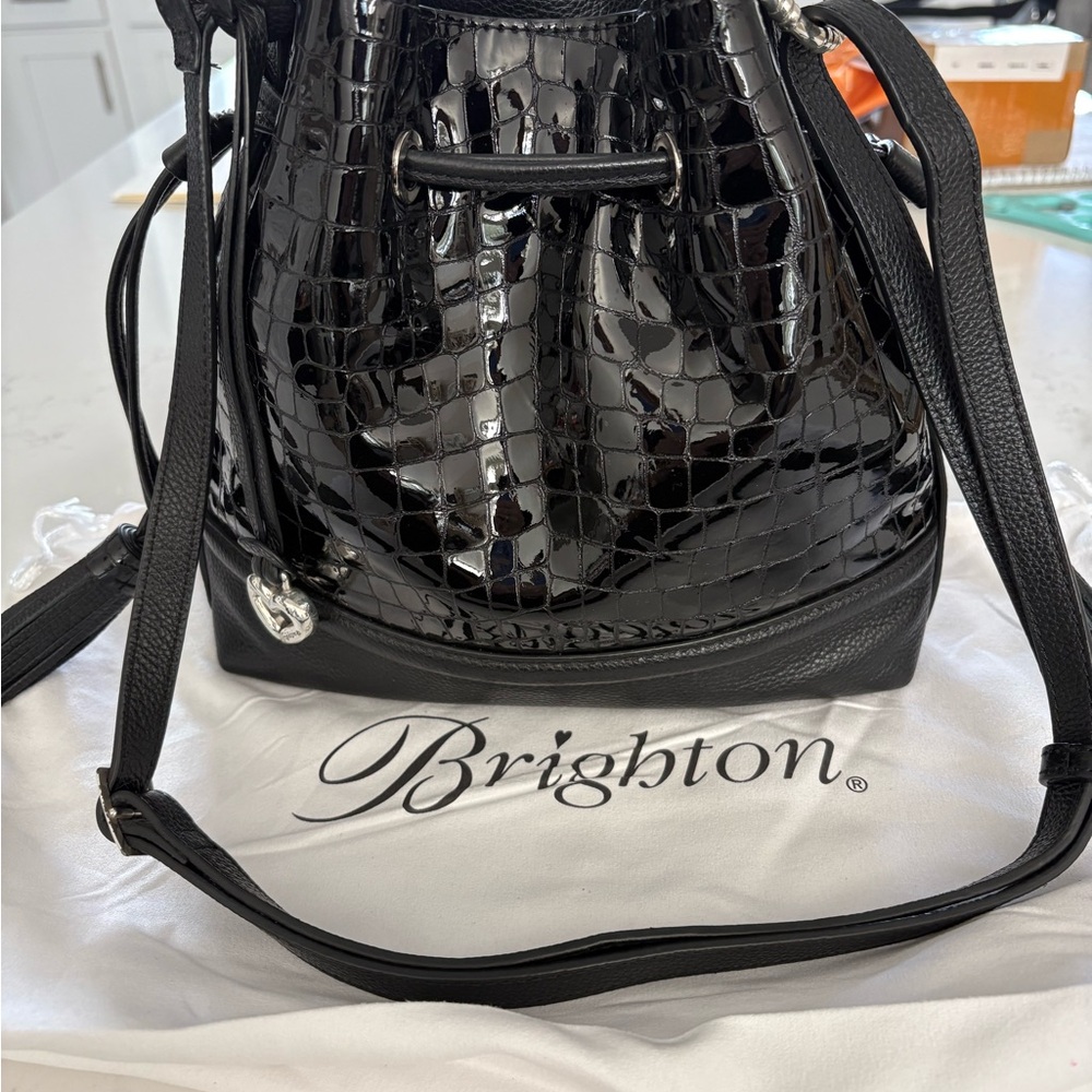 Brighton Christa Black patent Croc-Embossed Drawstring bucket Bag. Great co